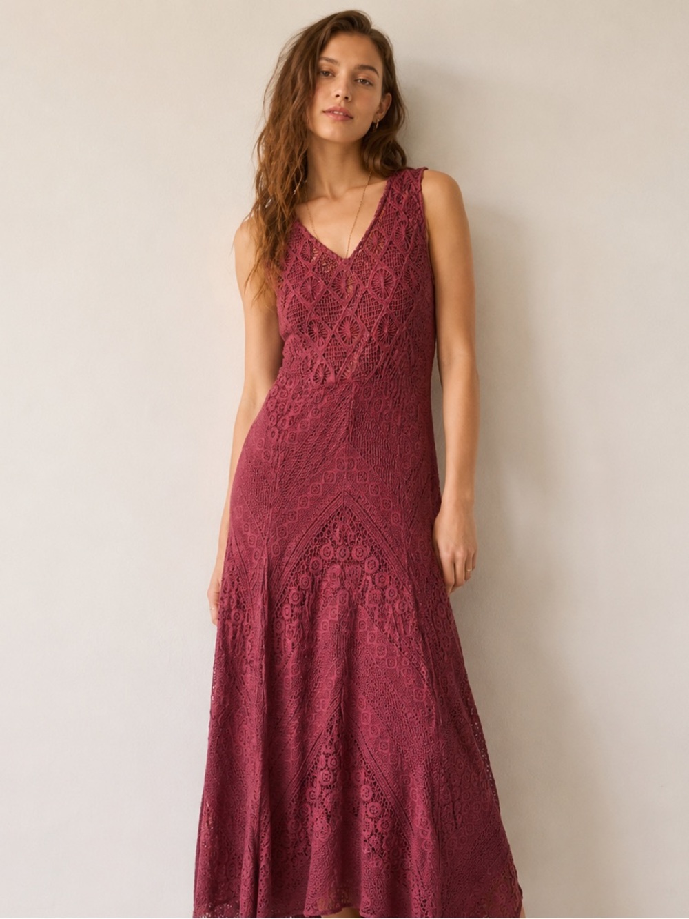 Vtg Studio West Red Burgundy Crochet Lace Sleeveless Lined Maxi Boho Dress